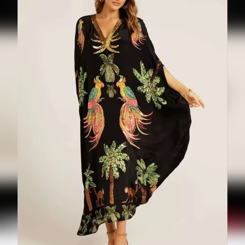 New Summer V-neck A-line Dress Fashion AnimalPattern Printed Loose Dress Retro